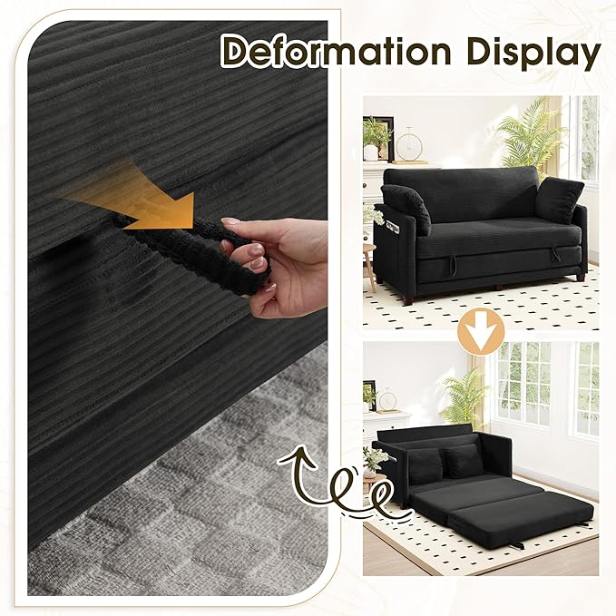 Myroyalsit 65" Convertible Loveseat Sofa Bed, 2-in-1 Folding Sofa Bed with 2 Pillow for Small Spaces, Modern Loveseat Sleeper Couch for Apartment, Living Room & Guest Room (Black Corduroy, 65 inch)