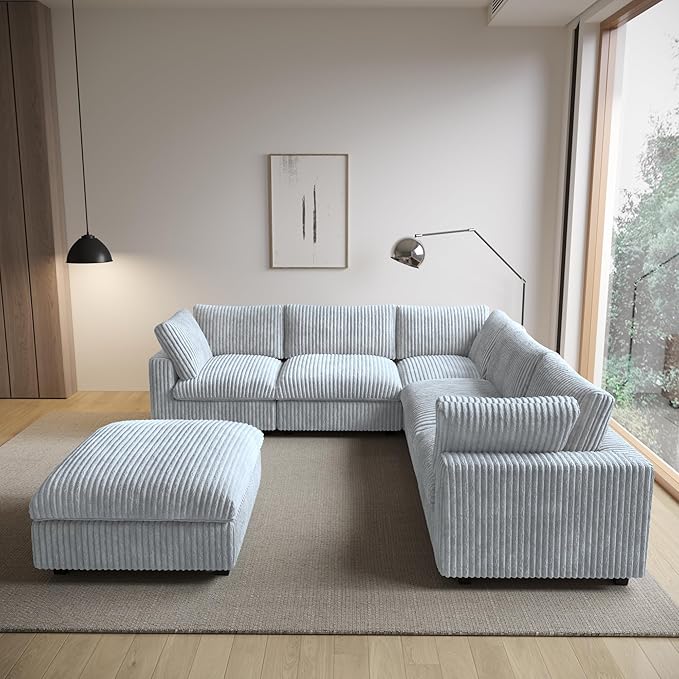 Modular Sectional Sofa/ 118inch Cloud Couches with Ottoman for Living Room/Soft Faux Rabbit Fur V Shaped Couch with Chaise,6 Seater Wide Convertible Sofa,Covers Washable&Replaceable,Grey
