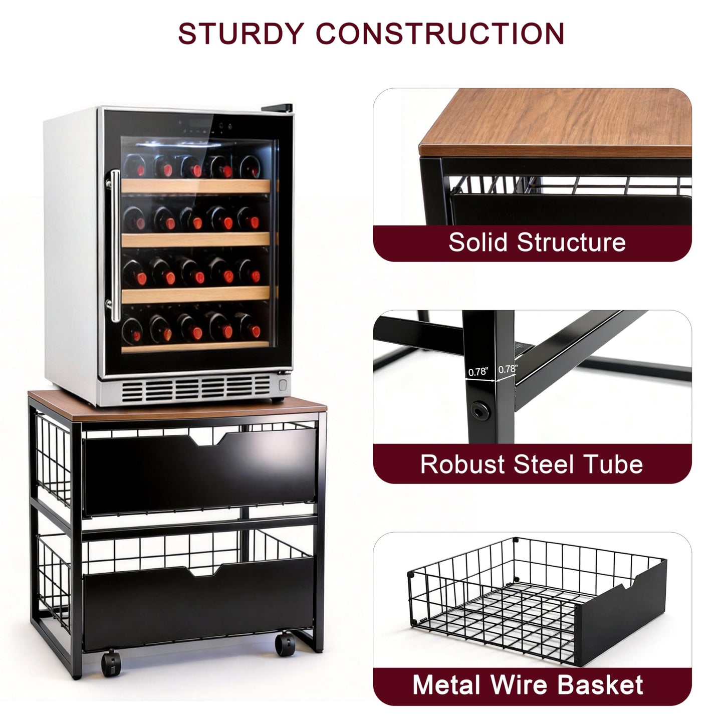 BLBYHO Mini Fridge Stand with Storage, Heavy Duty Mini Fridge Table, Small Refrigerator Stand, For Dorm Office Apartment Home, 21.6”L x 21.6”W x 22.2”H, Max Load 250 LBS