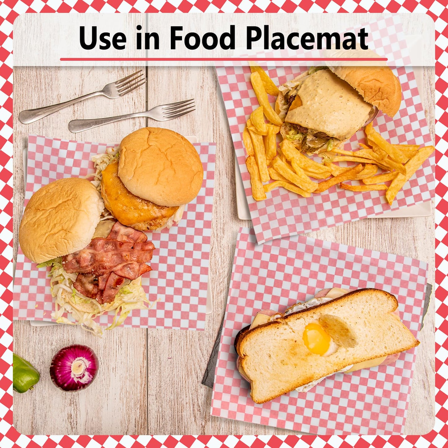 EcoDispose 12 x 12 Inches Grease Proof Deli Paper Precut Sheets for Deli Food, BBQ, Picnic, Party (100 Pcs, Red&White Checker)