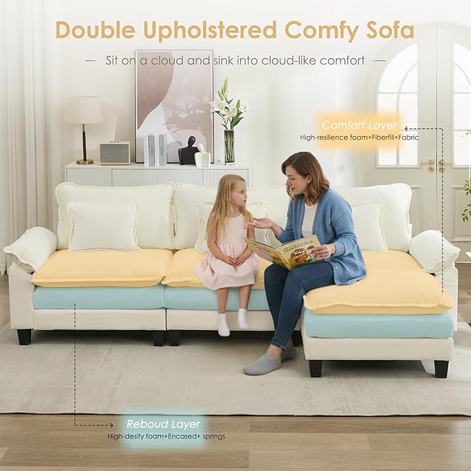 URRED Cloud Couch Modular Sectional Sofa, 122'' Modern L Shaped Deep Seat Sofa with Ottoman & Pillows, Ultra Comfy Chenille Couches for Living Room, Bedroom or Apartment, White | Chenille Fabric, Skin Friendly, Breathable, Ergonomic Design, Flexible Mo...