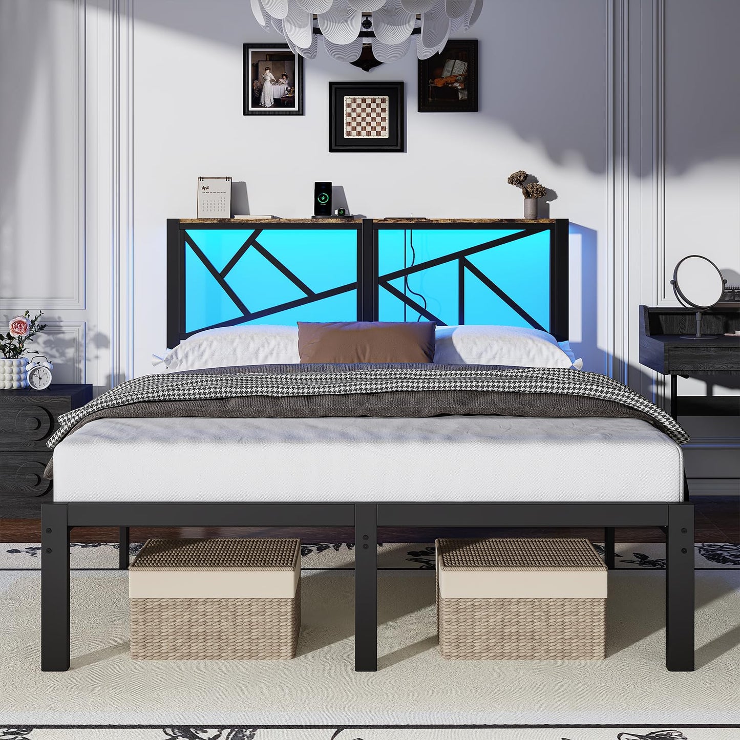 ChicZhiNest Queen Size Black Metal Bed Frame with USB Charging Station, LED Ambient Lighting, and Wooden Storage Headboard - Includes Under-Bed Storage, No Box Spring Needed, Noise Free, Easy Assembly