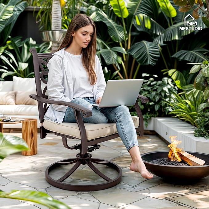 MFSTUDIO Outdoor Dining Chairs Set of 4, Cast Aluminum Patio Swivel Chairs with Wide Seat and 2.8’’ Cushion, Brown Metal Outdoor Swivel Chair Set, Backyard, Deck, 350lbs