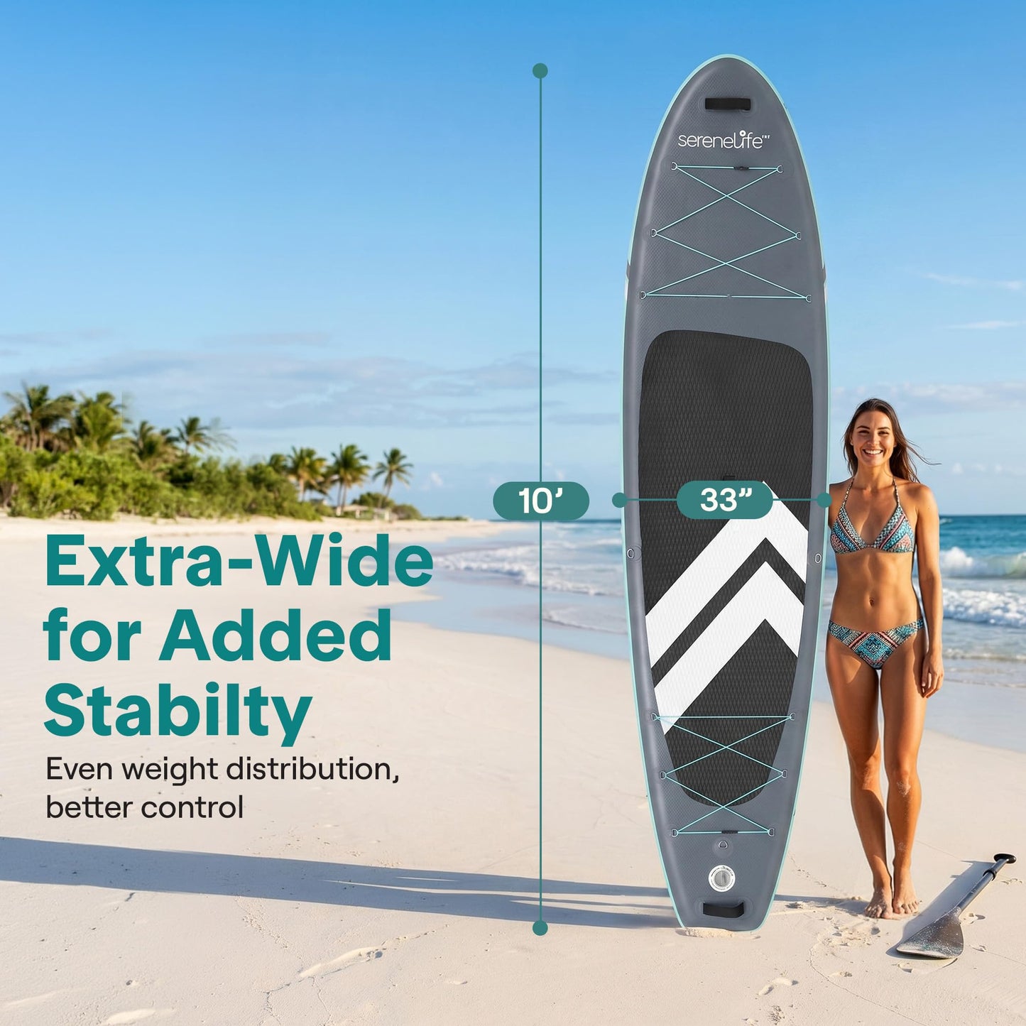 SereneLife 10’ Inflatable Stand Up Paddle Board with Premium SUP Accessories - 33” Wide Stable Design with Non-Slip EVA Deck Pad for Youth and Adults, 350 lbs. Capacity