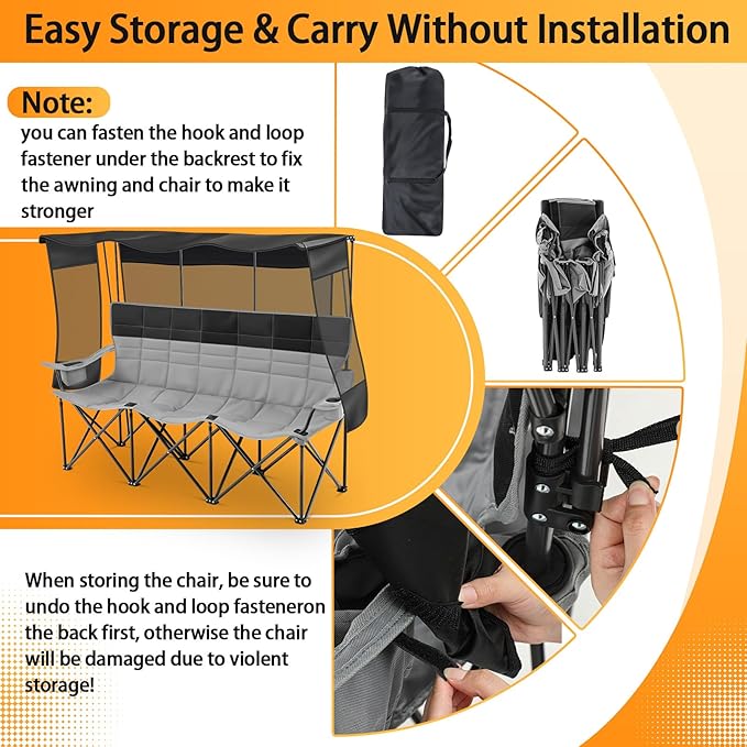 Teenyyou 3 Person Camping Chair with Canopy Shade Fully Padded Folding Outdoor Oversized Sofa, Heavy Duty Couch with Cup Holder and Carry Bag (Black and Grey,3 Person,Canopy Camp Chair)