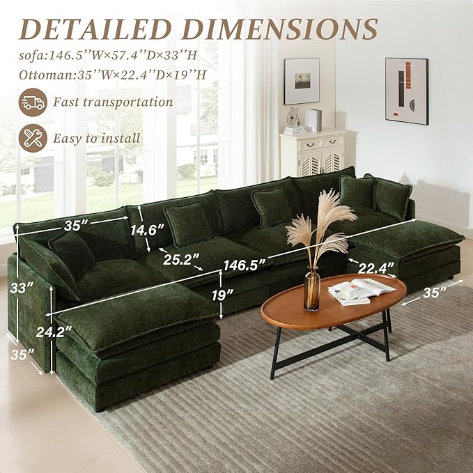 SoarFlash Chenille Sectional Sofa, Comfy L/U Shaped Modular Coush Sofa with Ottoman, Modern 4 Seat Couch Deep Seat Sofa Set for Living Room,Green
