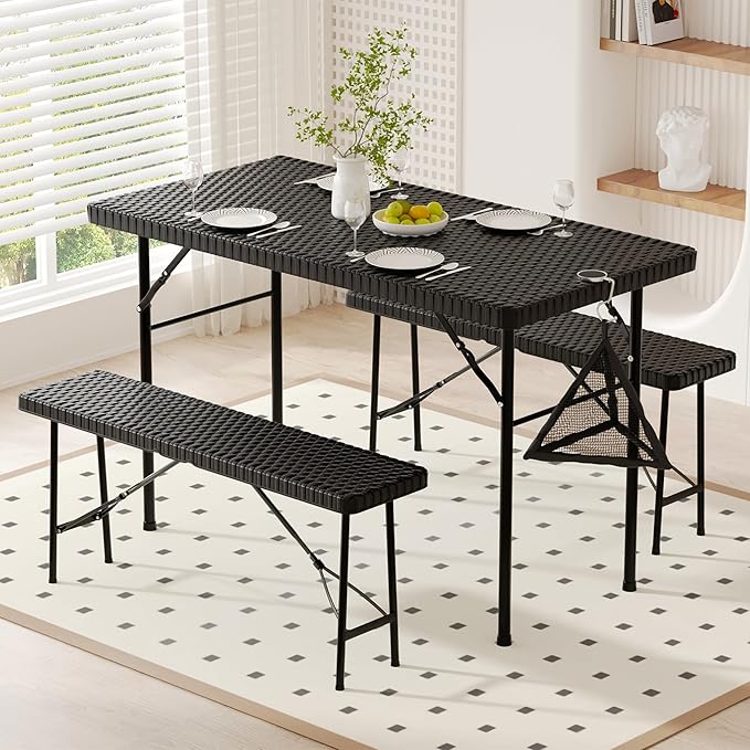 VECELO Dining Table Set for 4, Faux Rattan Card Folding Dinette for Small Space with 2 Benches, Kitchen/Breakfast Nook/Liv...