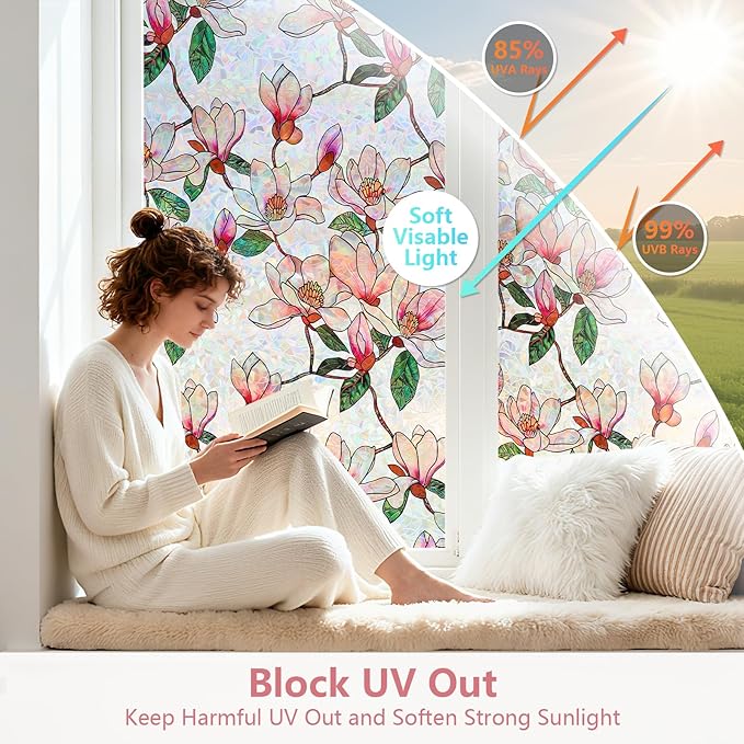 Kromapolis Window Privacy Film, Stained Glass Sticker Floral Window Clings, Decorative Static Clings UV Blocking Colorful Decals, Removable Vinyl Covering Rainbow Magnolia Flowers, 35.4'' x 78.7''