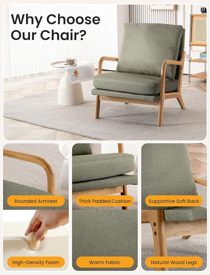 Mid Century Modern Accent Chairs for Living Room, 23” Wide Comfy Chair for Bedroom, Small Cozy Linen Reading Chairs for Adults, 108° Lounge Arm Chair Indoor with Detachable Cover, 5.5" Foam Cushion