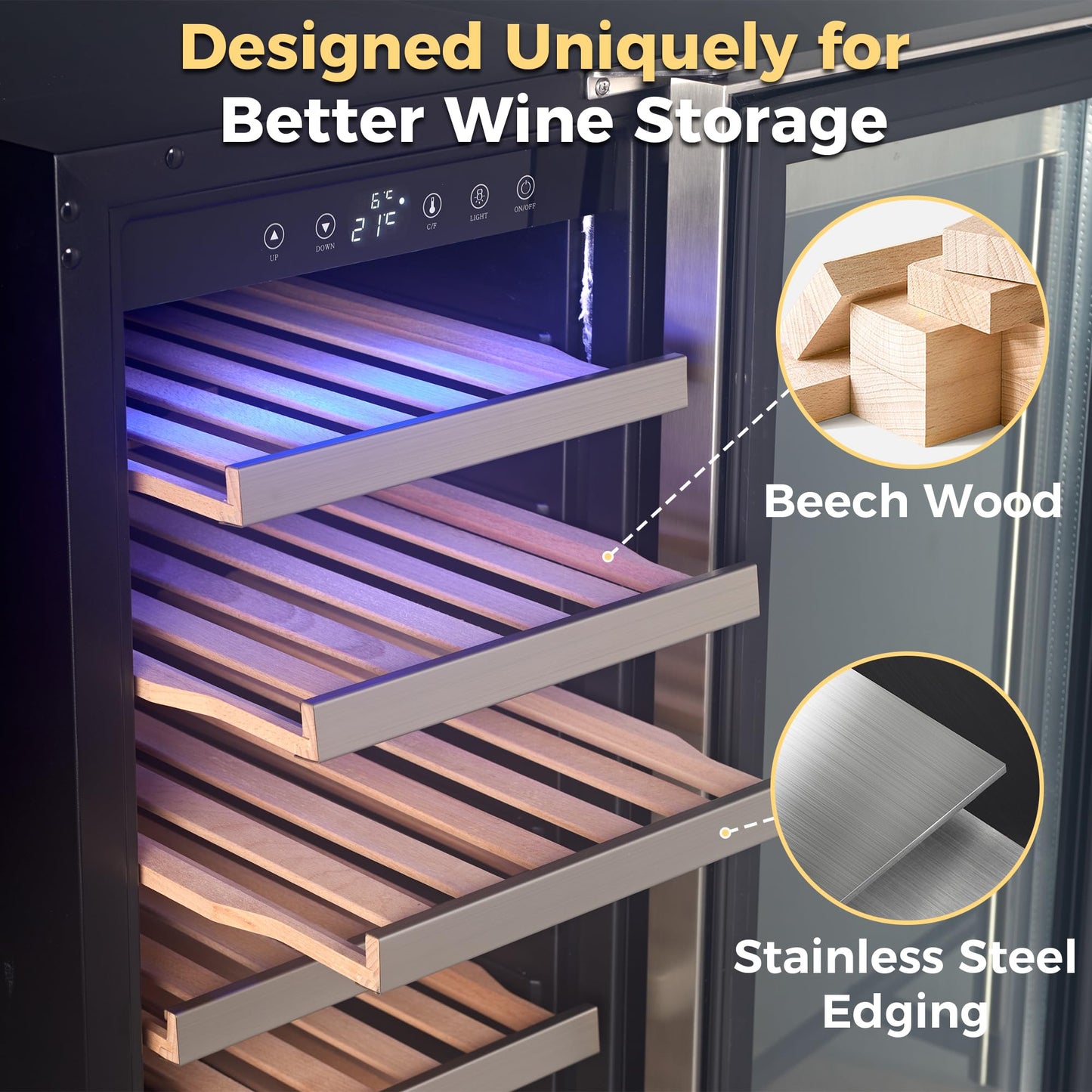 Iceblue Wine Fridge, 33 Bottles Wine Cooler Refrigerator, 41℉-72℉ Adjust Temperature Mini Fridge, Built-in Wine Refrigerator, Freestanding Beverage Refrigerator for Home, Office, Bar, Gift - Silver