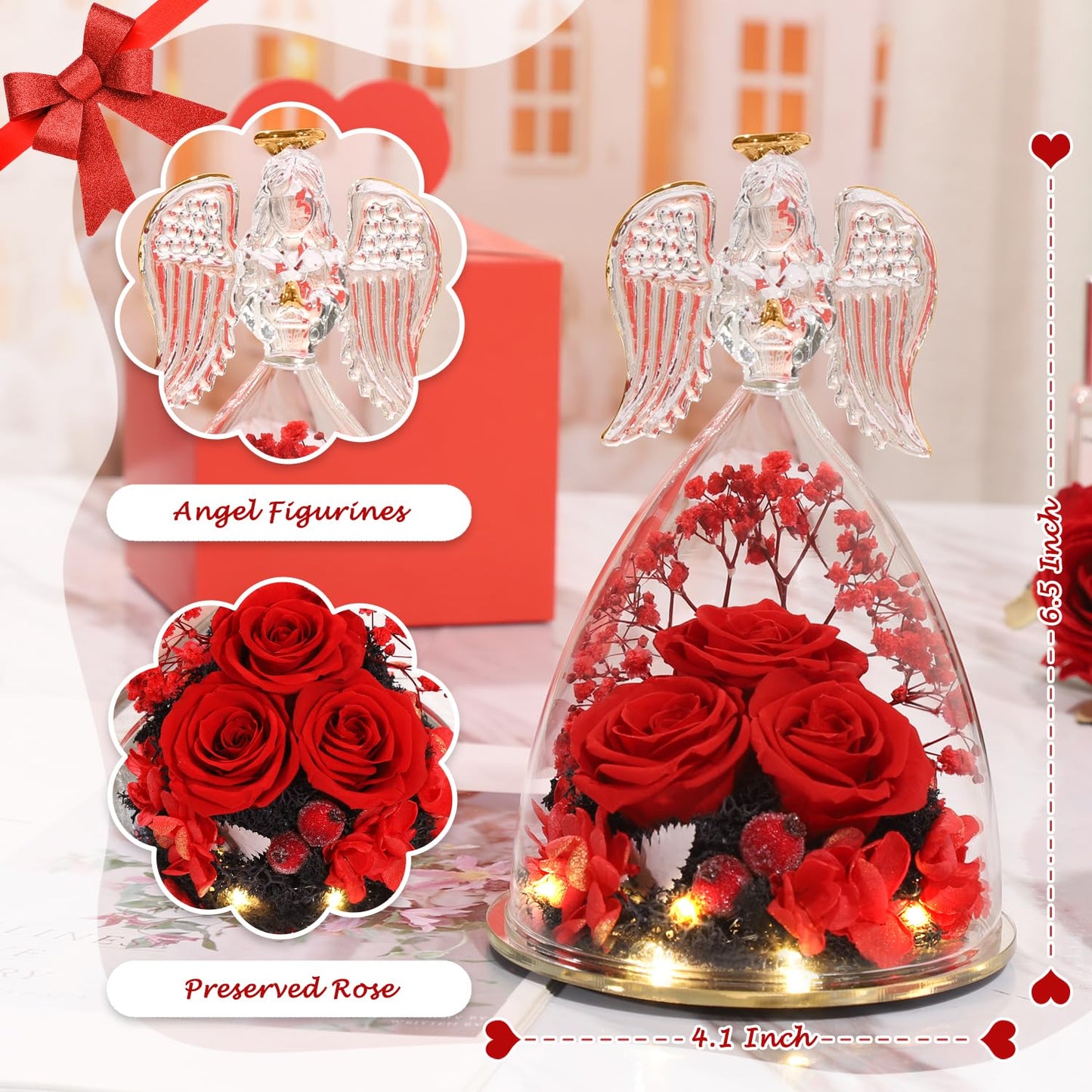 ANWEAO Mom Birthday Gifts,Flowers for Delivery Prime,Preserved Three Red Rose with Lights,Preserved Flowers Rose in Glass Angel Figurines,Angel Gifts for Women Grandma Mom Wife Sister Her Friend