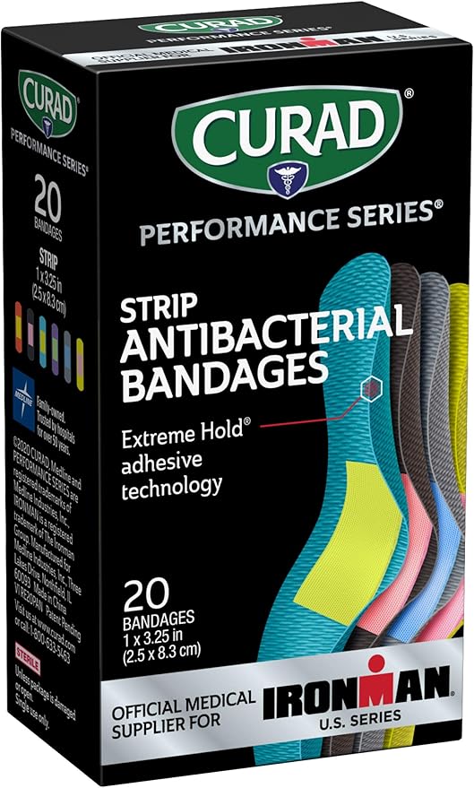 CURAD Performance Series Antibacterial Bandages, Extreme Hold Adhesive Technology, Standard Size Flexible Fabric Bandages ...