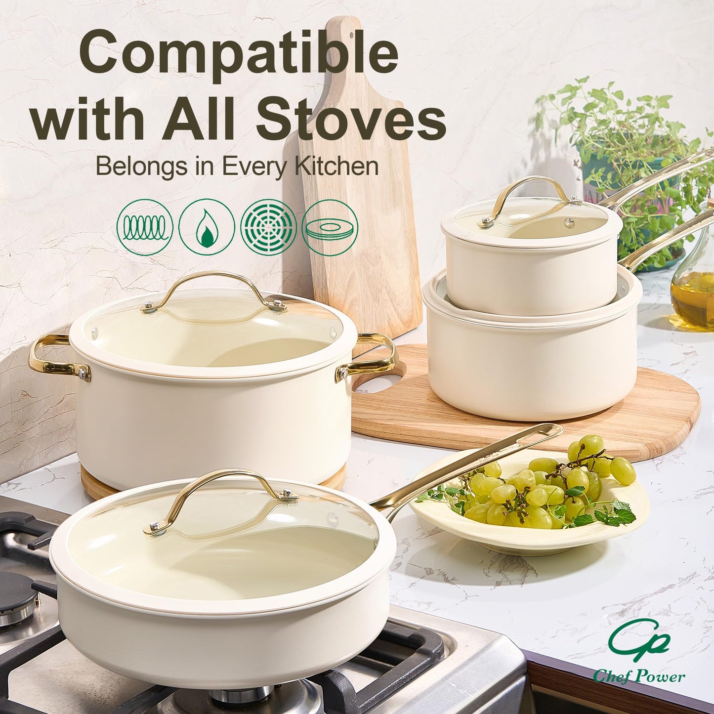Chef Power Ceramic Cookware Sets, 15Pcs Pots and Pans Set Non Stick, Cookware Set with Stainless Steel Handle, Dishwasher & Oven Safe, Cream White and Light Gold Handle