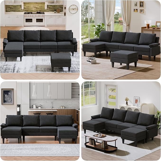 Topcomfy U-Shaped Sectional Couches for Living Room, Convertible 4 Seat Modular Sectional Sofa Set with Ottoman, Modern L Shaped Couch with Chaise for Bedroom Apartment and Office, Chenille Black