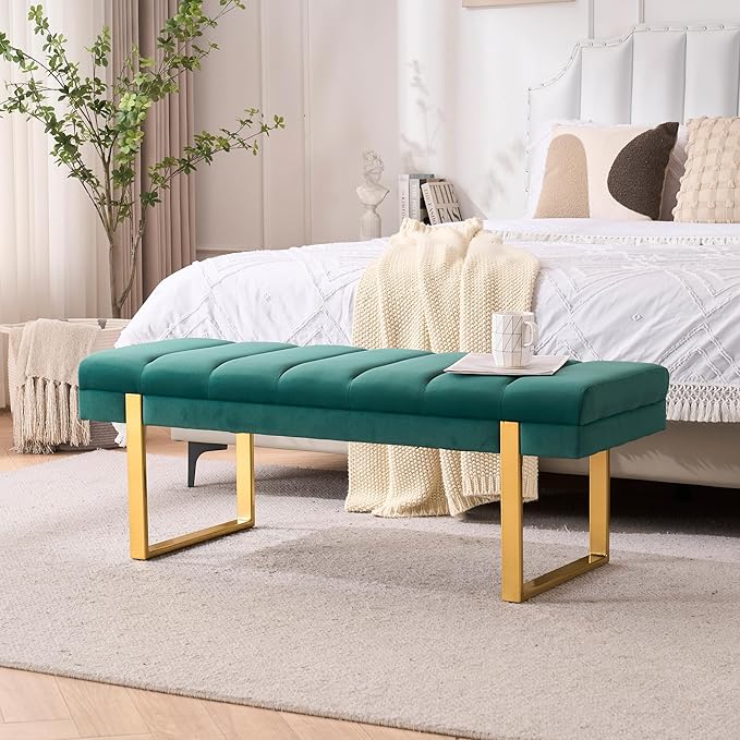 AIITTCC Velvet Ottoman Bedroom Bench, 46.5" Tufted Padded End of Bed Bench with Gold Legs, Upholstered Shoe Bench for Living Room Entryway Window (Green, 46" Wide)