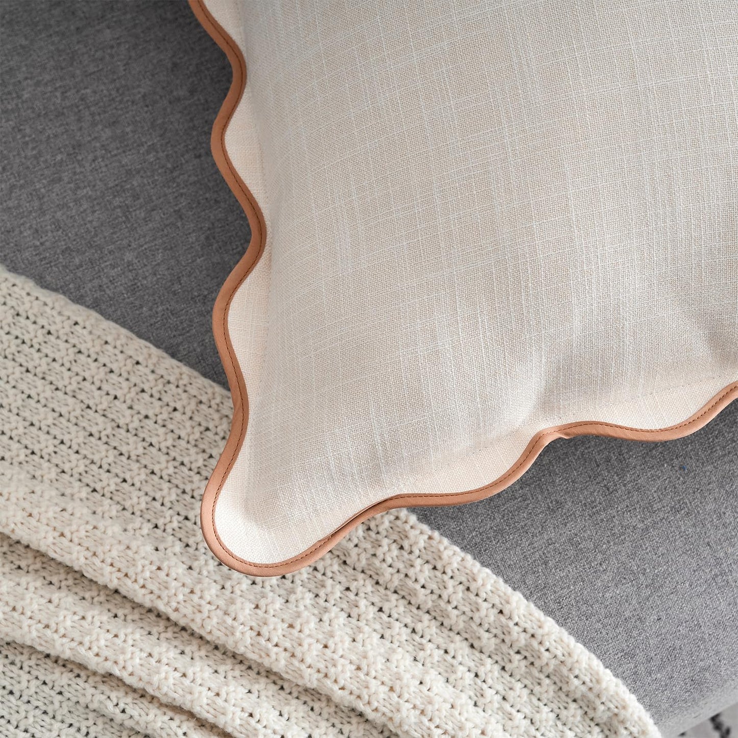 Mayler Yee Scalloped Throw Pillow Covers Set of 2 for Living Room, Cotton & Linen, Boho Sytle Decorative Home. Fabric Feels a Little Stiff, Because Scalloped Edges Require (Beige & Brown, 18x18 Inch)