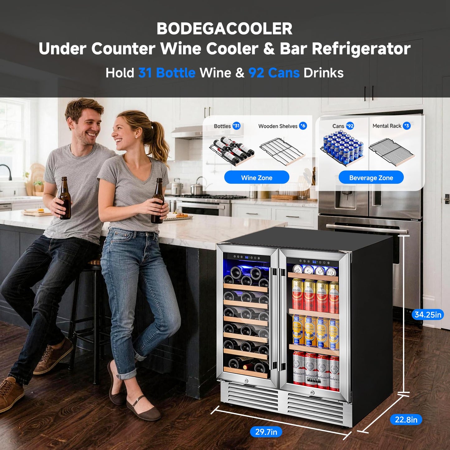 BODEGA 30 Inch Back Bar Cooler with 2 Glass Doors, Commercial Wine & Beverage Refrigerator, Holds 31 Bottles & 92 Cans Dual Zone Drink Fridge, for Beer,Soda Drinks,Wine