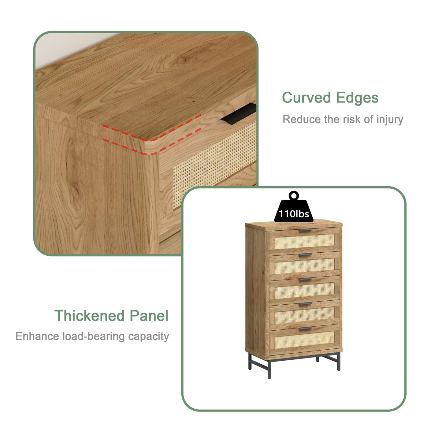 ALBSL 5-Drawer Dressers,Tall Dresser Vertical Storage Tower for Bedroom,Rattan Chest of Drawers Organizer Unit with 5 Drawers, Storage Cabinet for Hallway,Living Room and Entryway,Natural