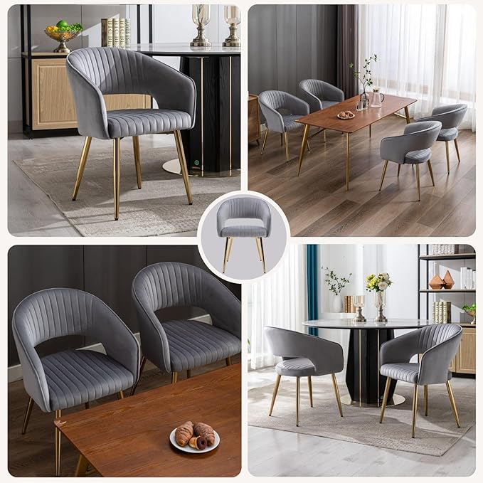 COMULER Grey Velvet Dining Chairs Gold Legs, Modern Dining Room Chairs with Arms Set of 6 Upholstered Accent Chair Armchair with Barrel Back for Kitchen Living Room