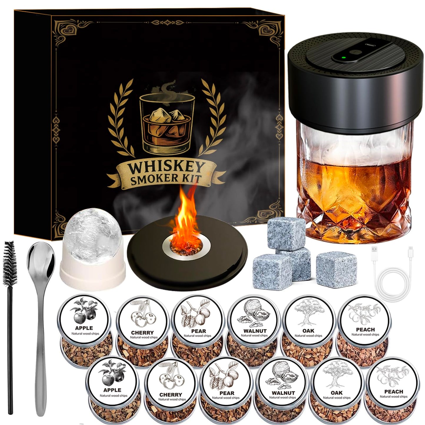 Electric Whiskey Smoker Kit with 12 Wood Chips, Rechargeable Cocktail Smoker Kit Built-in Lighter, No Butane Needed, Bourbon Whiskey Gifts for Men, Dad, Husband – Birthday, Christmas, Anniversary
