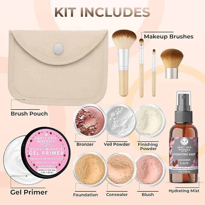 Flawless Complexion KIT (Beige) Full Size Mineral Makeup Set Matte Foundation Bare Face Sheer Powder Cover