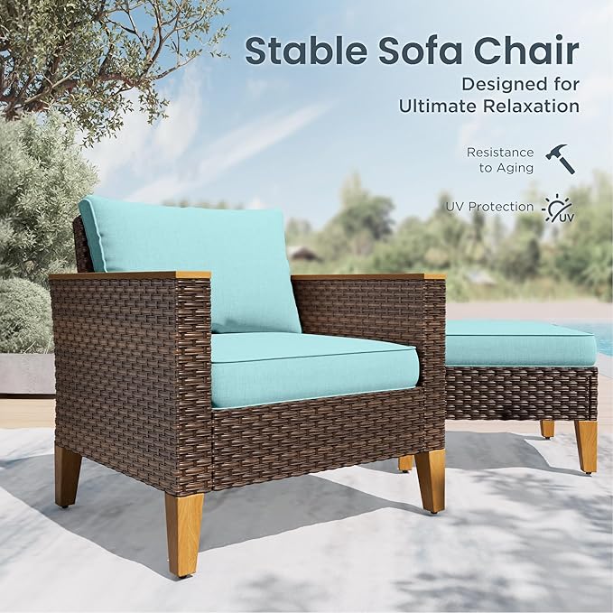 PHI VILLA 9-Piece Wicker Patio Furniture Set, Outdoor Half-Moon Curved Sectional Sofa with Thick Aqua Blue Cushions, 2 Ottomans, 2 Single Seats, Large Conversation Seating for Garden or Backyard