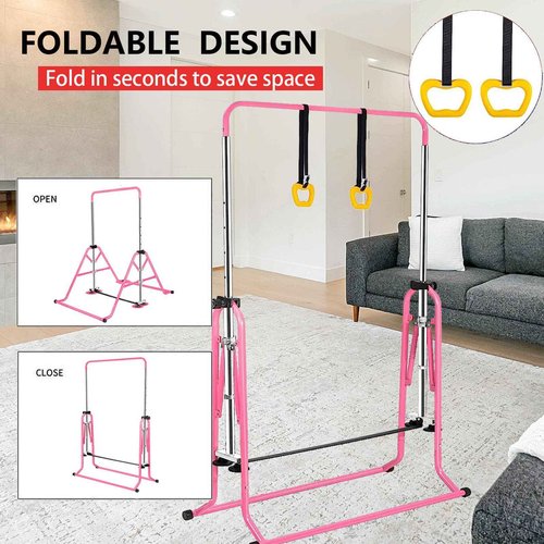 FCOUMY Gymnastics Horizontal Bar, Junior Training Kip Bar Gymnastics Equipment for Home, Adjustable Telescopic Height Folding Horizontal Bar with Gymnastic Rings for 3-12 Years Old Kids