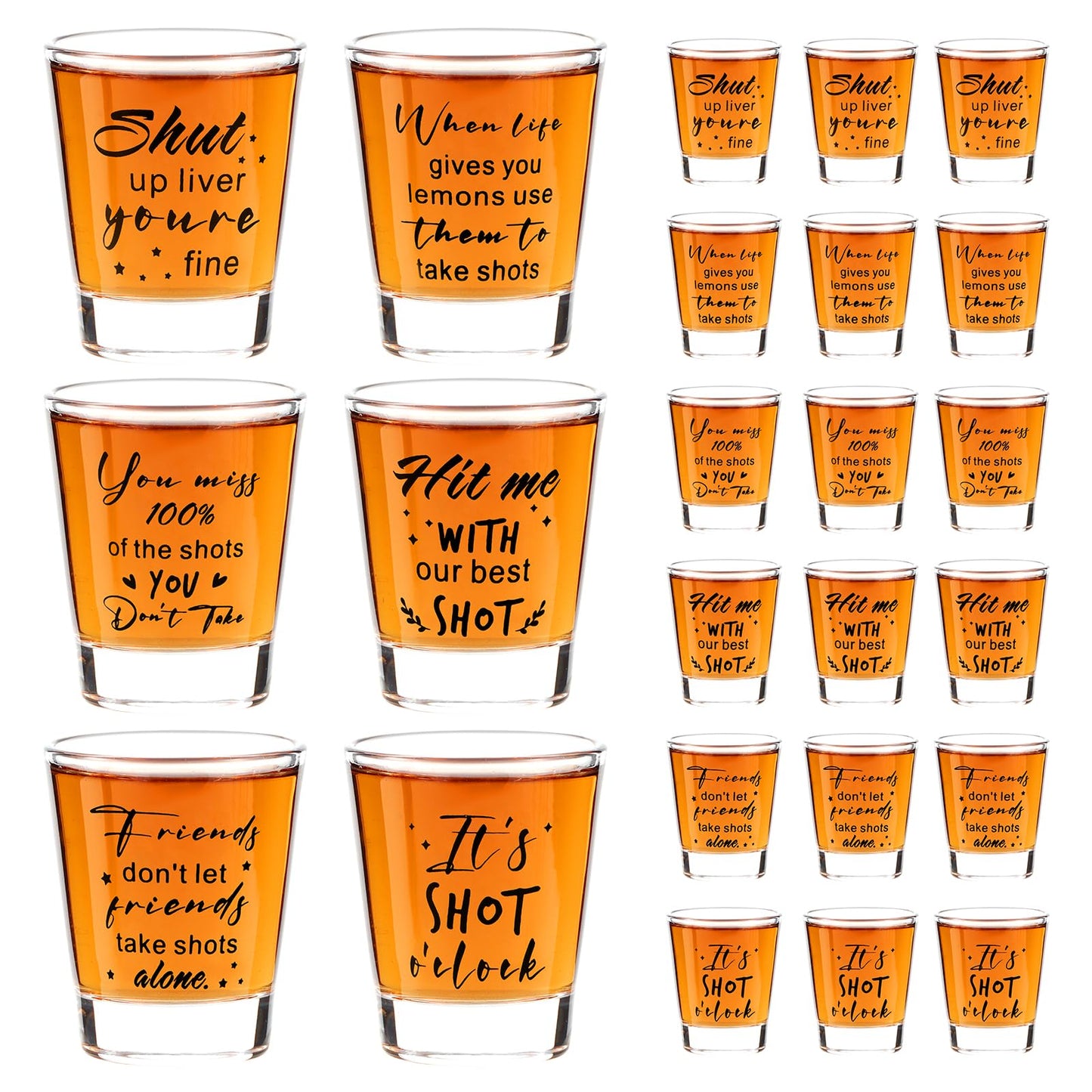 Kolewo4ever 24 Pieces Funny Friends Shot Glasses Funny Friends Shot Glasses Clear Glass Cups with Heavy Base for Adult Small Glass Shot Cups 1.75 oz Shot Glass for Best Friend