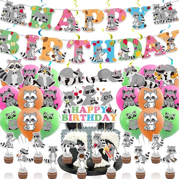 Raccoon Party Decorations Birthday Party Supplies Includes Banner Spirals Cake Topper Cupcake Toppers Balloons For Woodlan...