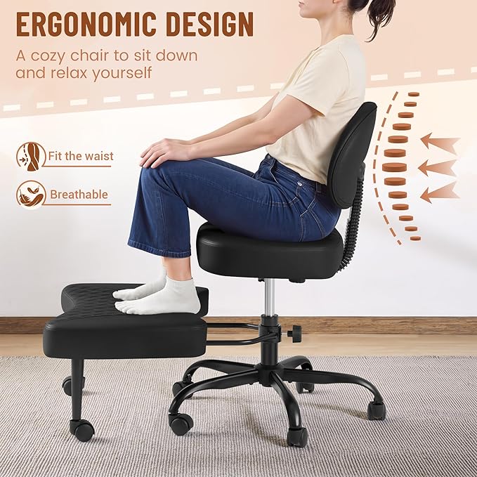 Homall Ergonomic Cross Legged Office Desk Chair with Wheels, 360° Swivel and Adjustable Height for Meditation and ADHD,Criss Cross Kneeling Chair with Lumbar Support (Leather, Black)