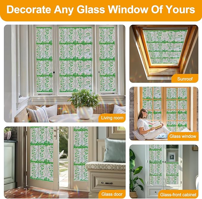 3D Rainbow Stained Glass Window Film with Green Plants Static Cling No Adhesive Privacy Decor for Home Office (Rainbow Ivy, 23.6 x 78.7 Inch)