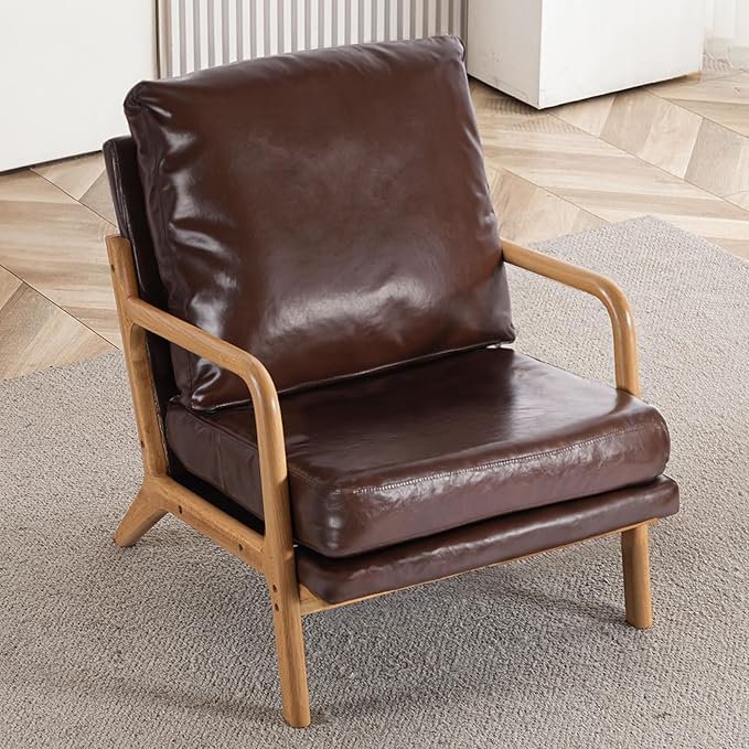 Mid Century Modern Accent Chairs for Living Room, 23” Wide Comfy Chair for Bedroom, Small Cozy Leather Reading Chairs for Adults, 108° Lounge Arm Chair Indoor with Detachable Cover, 5.5" Foam Cushion