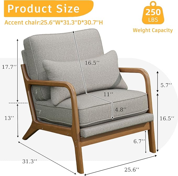 Mid-Century Accent Chair Set of 2, Linen Fabric Lounge Chair with Wide Armrest,13-16.5'' Low Seat Height Armchair with Lumbar Pillow & Solid Wood Frame for Living Room, Bedroom, Balcony(Light Gray)