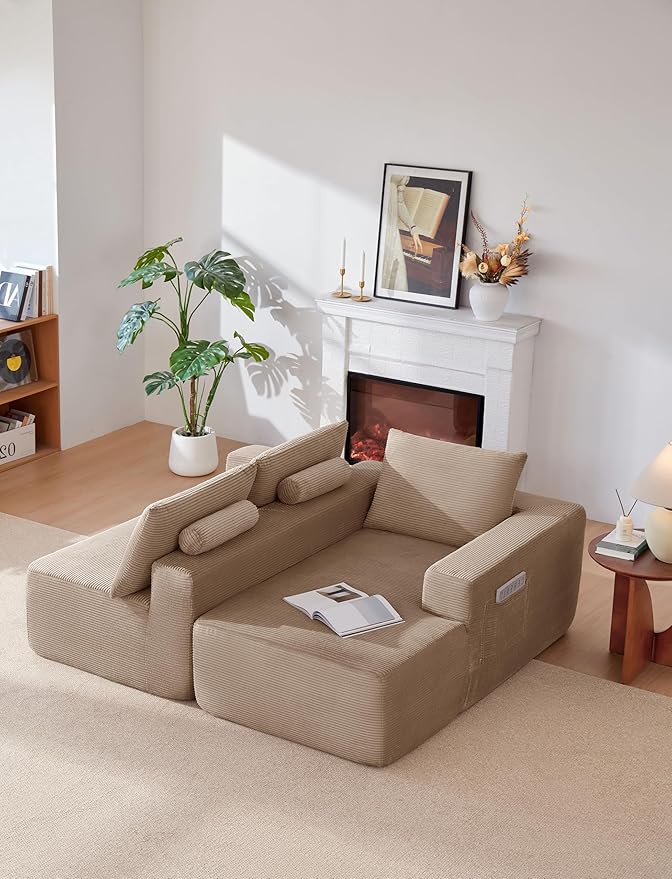 Vanress 97" Cloud Couch Sectional, Corduroy Boneless Couch with L-Shape Chaise,Modern Modular Sectional Sofa Comfy Deep Seat for Living Room, Bedroom, No Assembly (Camel, Right Facing Chaise)