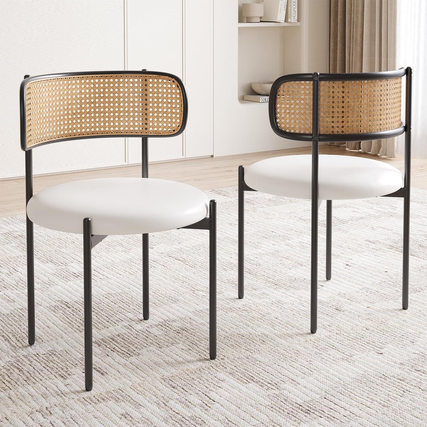 Farini Dining Chairs Set of 4, PU Leather Upholstered Seat with Woven Rattan Back, Sturdy Metal Legs Modern Side Chairs for Kitchen Living Room Restaurant, Beige