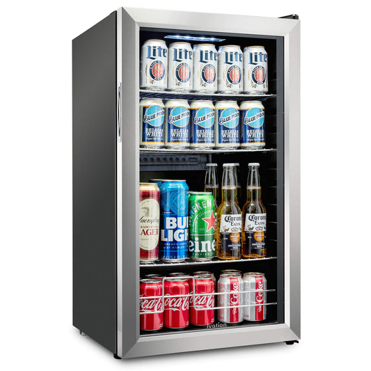 Ivation 126 Can Beverage Refrigerator | Freestanding Ultra Cool Mini Drink Fridge | Beer, Cocktails, Soda, Juice Cooler for Home & Office | Reversible Glass Door & Adjustable Shelving, Stainless Steel