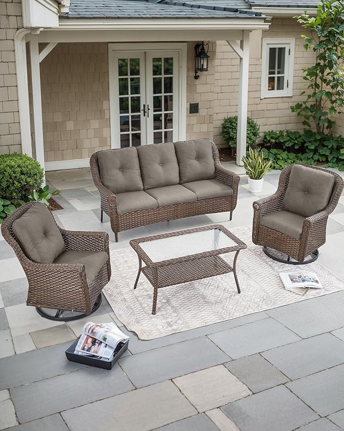 ACTREST Patio Couch Outdoor Wicker Sofa - Heavy Duty All-Weather Brown Rattan 3-Seater with High Back and Comfortable Thick Cushions for Garden Back Porch Poolside Apartment - Grey