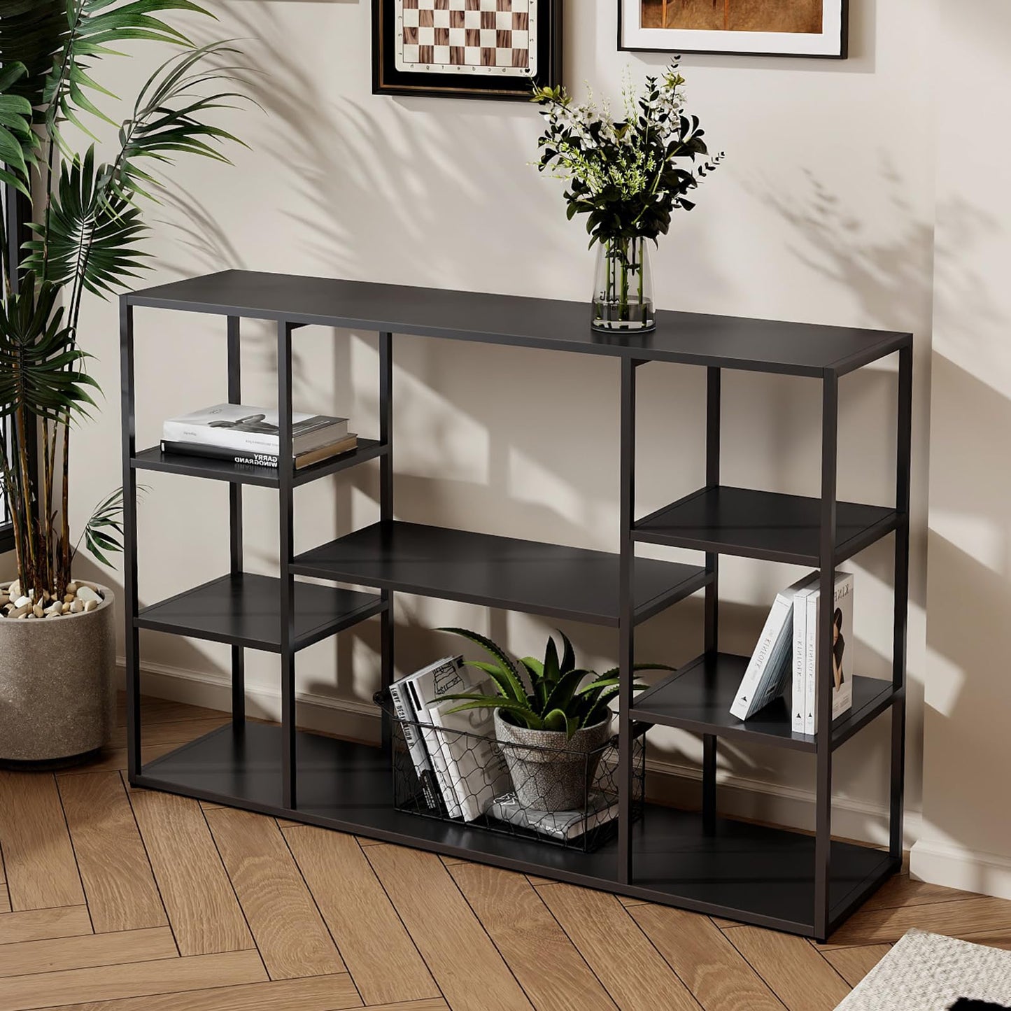 Leinade 47 Inch Metal Console Table with 8 Storage Shelves,Extra Long Entryway Table,Narrow Sofa Table,Hallway Table for Entrances to Corridor,Foyer,Living Room (Black, 47.24×11.81×31.5in)