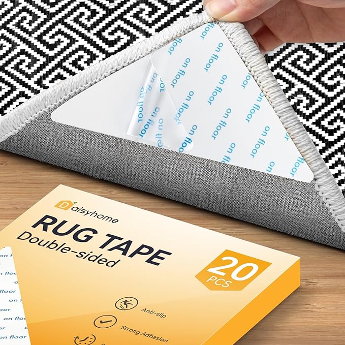 20 PCS Rug Tape, Rug Pad Gripper for Hardwood Floors, Double Sided Adhesive Carpet Tape, Reusable Anti Slip Rug Grips for Area Rugs to Keep Rug Corners Flat