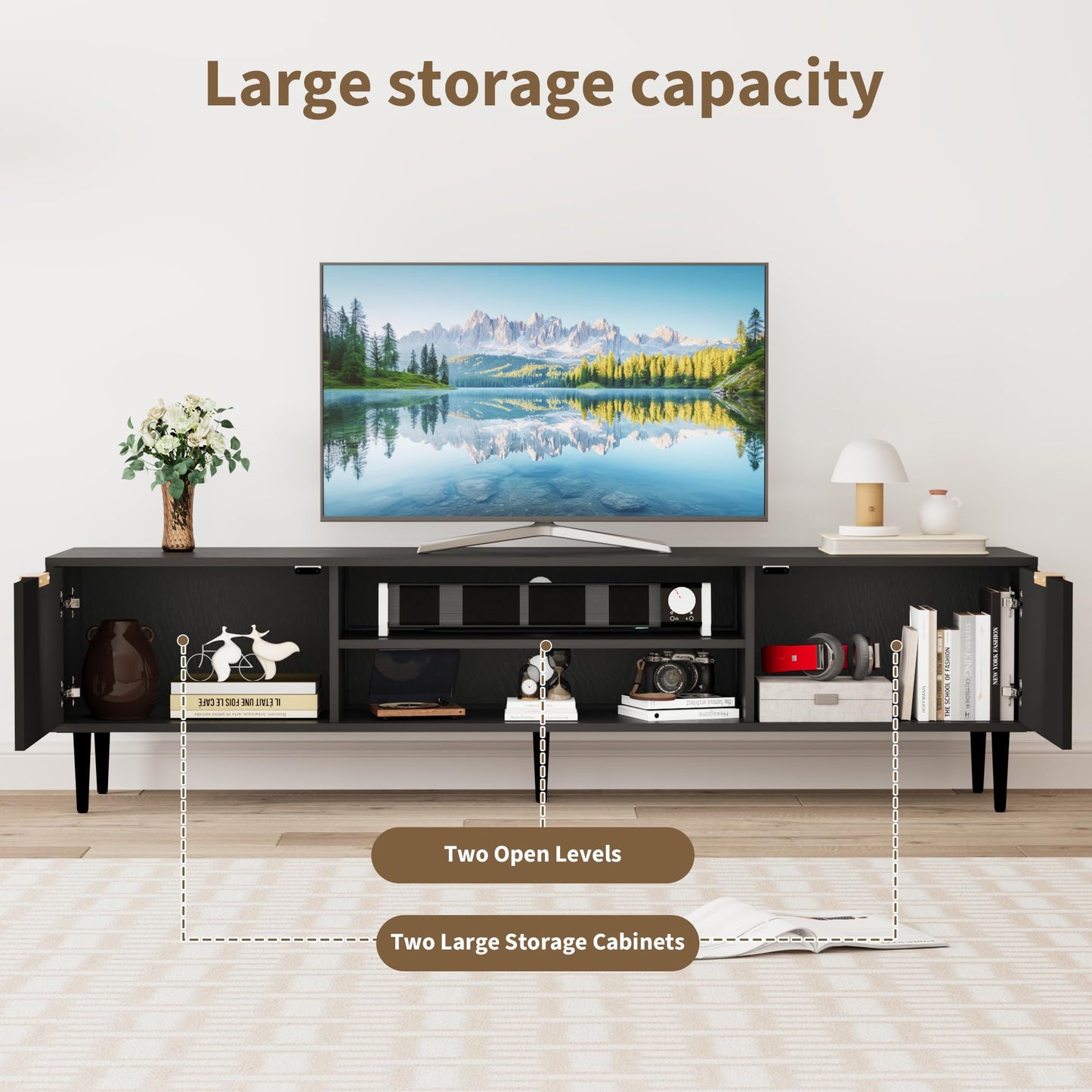 Black TV Stands, Mid Century Modern TV Stand, with 2 Large Storage Cabinets, for TVs Up to 75 in, Black Entertainment Center with Fluted Panel Design, TVs Stands for Living Room, for Bedroom, Office