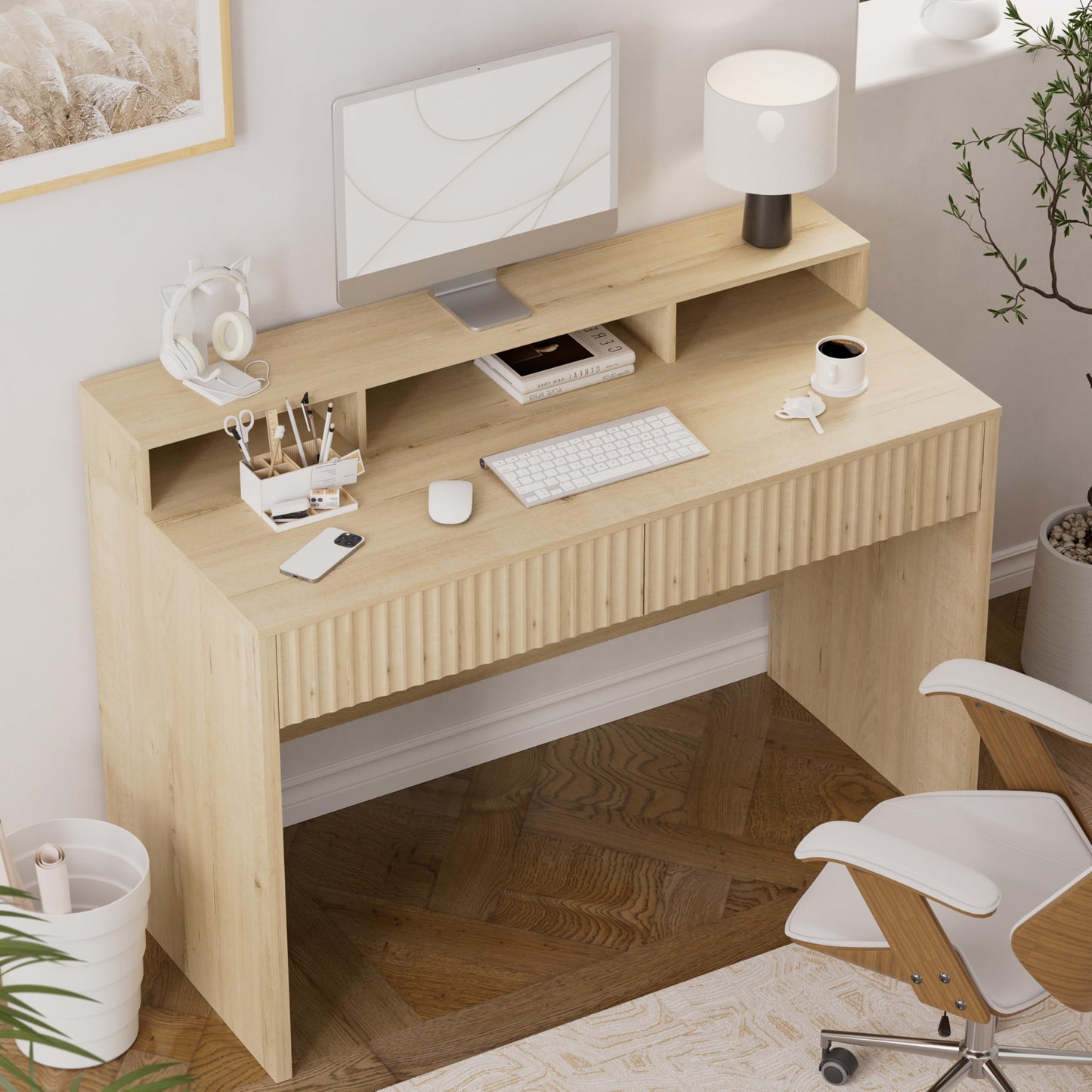 MoomJiee 47" Executive Desk with Fluted Drawer, Modern Wood Home Office Desk with Long Monitor Stand and 2 Drawers, Computer Writing Desk for Study Office Vanity, Light Oak