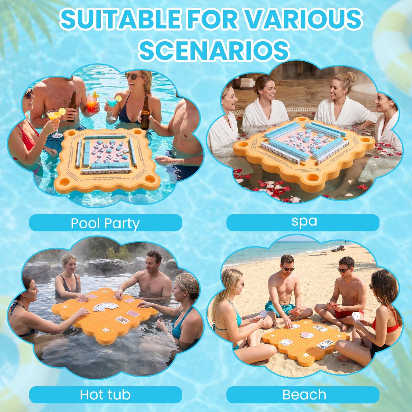 Kexaiq Floating Mahjong Table for Pool, Double Sided Floating Game Table with Cup Holders, for Mahjong Poker Card Games, Floating Mahjong Board for Hot Tub Lake Beach, Adults Summer Party (Orange)