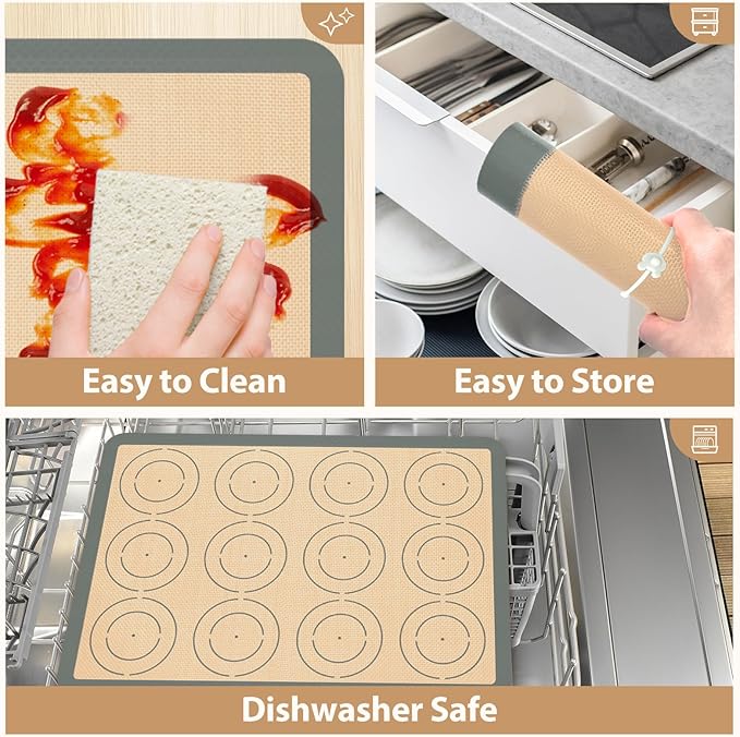 Silicone Baking Mat Set of 6, Silicone Mats for Baking, Baking Sheets Non Stick for Macaron, Cookie, Pizza, Bread and Pastry, Baking Supplies for Oven, Food Grade Reusable