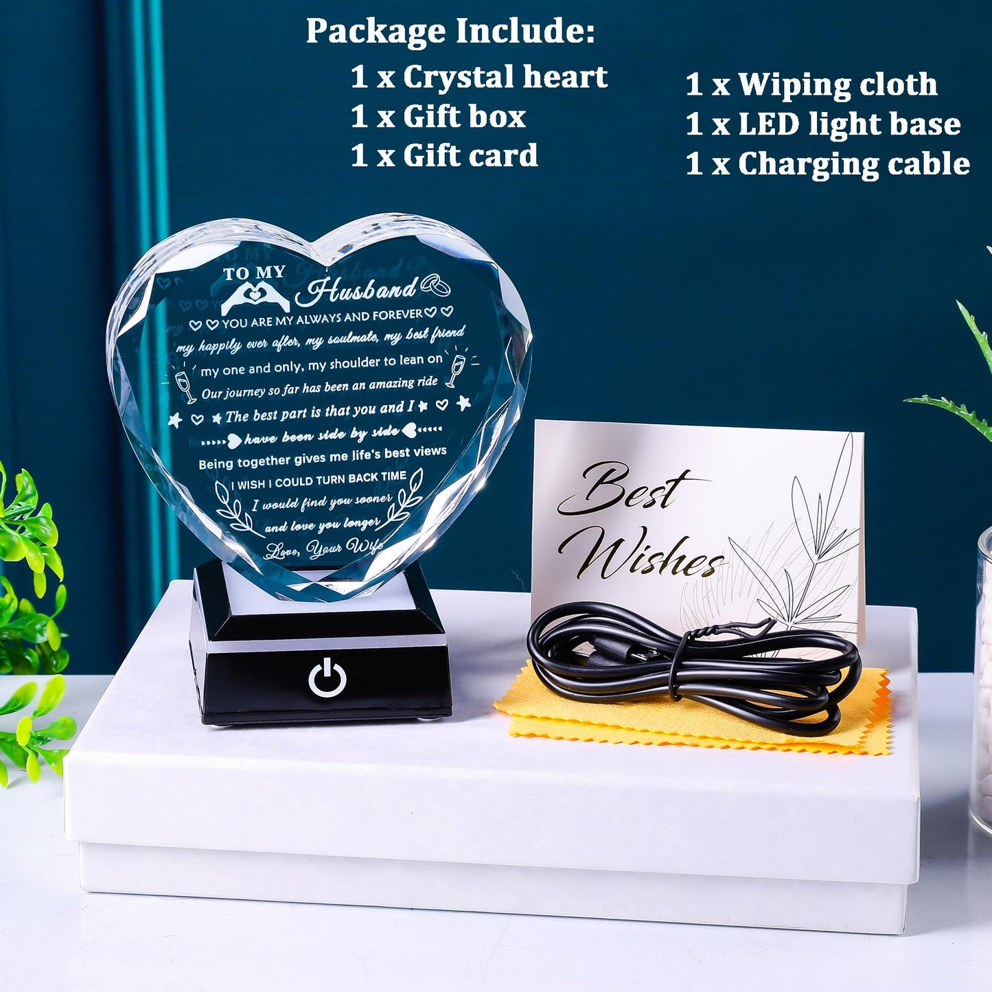 YWHL Gifts for Husband from Wife with Colorful LED Base Anniversary Birthday Gifts for Husband to My Husband Crystal Heart Keepsake I Love You Gifts for Him on Valentine Christmas Fathers Day