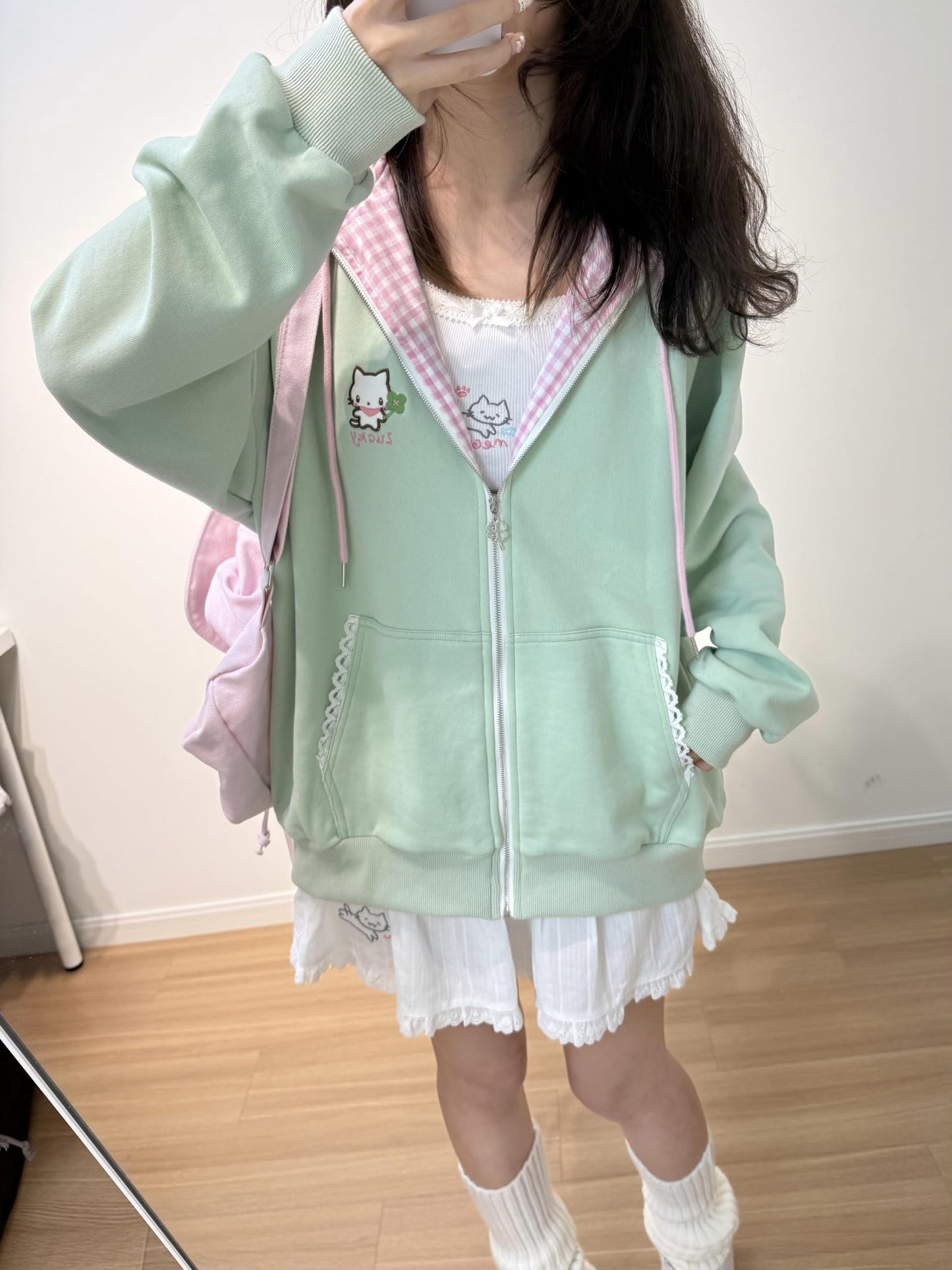 OATSBAS Women's Y2K Cute Floral Hoodies Kawaii Zip Up Hoodies Cartoon Cat Embroidery Oversized Pullover Sweatshirt (Green,Small)