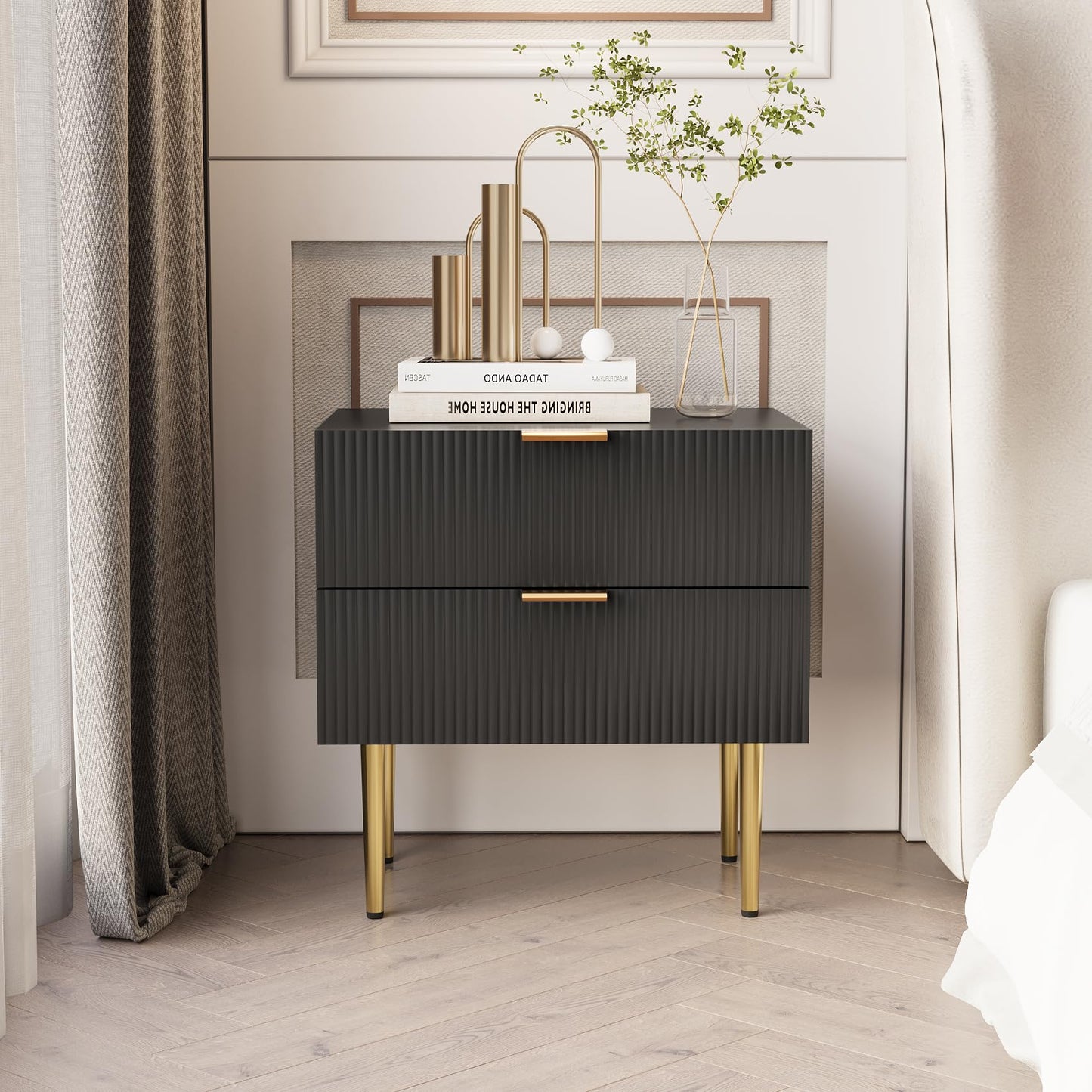 Algherohein Black Nightstand for Bedroom, Fluted Night Stand, End Table for Living Room, Mid Century Modern Bedside Table with Drawers, Bed Side Table with Gold Metal Legs, Bedroom Furniture Stripe