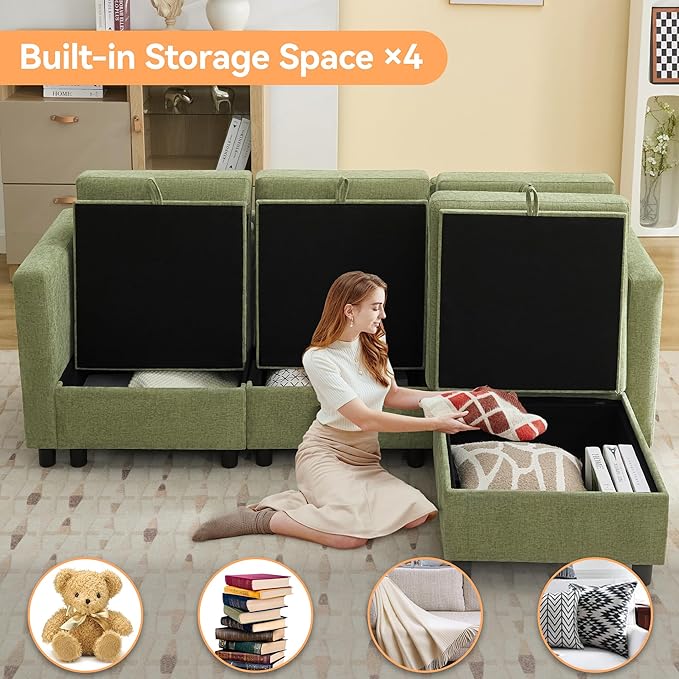 WUTUTUEE 83”L-Shaped Modular Sectional Sofa with Storage & Movable Ottoman, Convertible 4-Seat Reversible Chaise Chenille Couch for Living Room, Soft Green Fabric, Modern Design