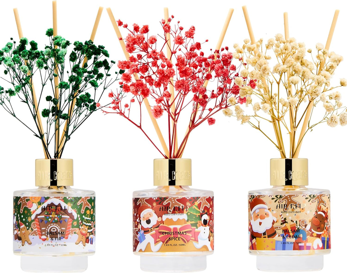 Airkeep Reed Diffuser Set of 3,Balsam & Cedar Balsam & Fir Christmas Spice Oil Reed Diffusers for Bedroom Living Room Office Aromatherapy Oil Reed Diffuser for Gift 50ml x 3