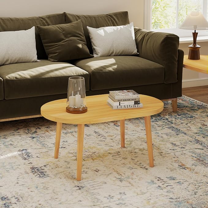 Funecy Coffee Table Low Table with Solid Wood Sturdy Legs, Floor Table Desk for Sitting on The Floor, Storage and Living Room Furniture (Natural-Oval)