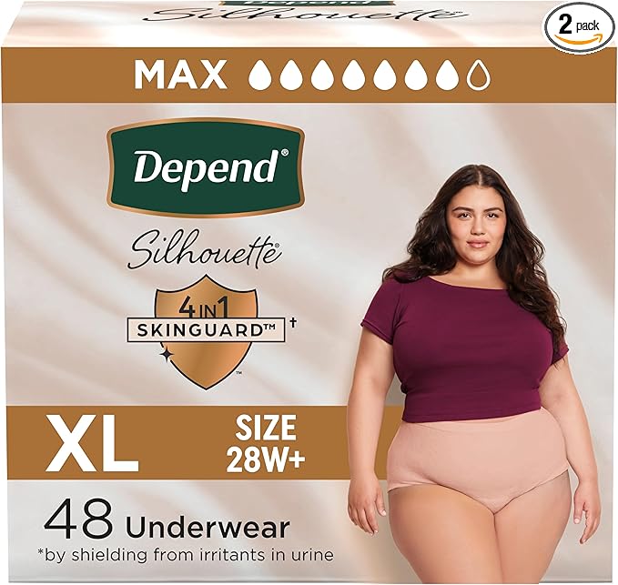 Depend Silhouette Adult Diapers, Incontinence & Postpartum Bladder Leak Underwear for Women, Maximum Absorbency, Extra Large, Pink, 48 Count (2 Packs of 24), Packaging May Vary